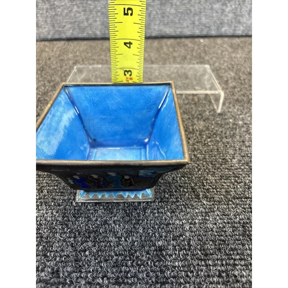 Vtg~Chinese Enameled Copper Blue Lined/Enamel Square Bowl~ Family Story